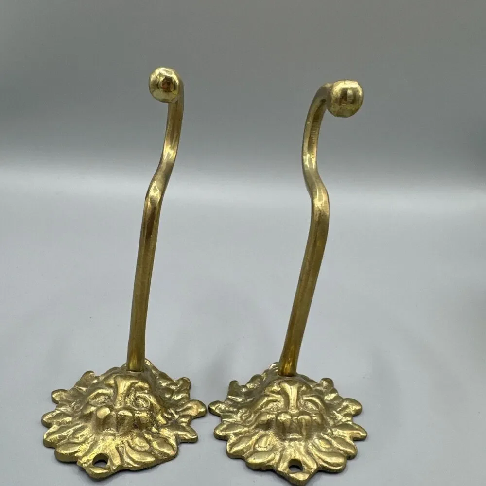 Vintage Brass Lion Head Curtain Holdbacks Tiebacks Wall Hooks Pair Mid Century